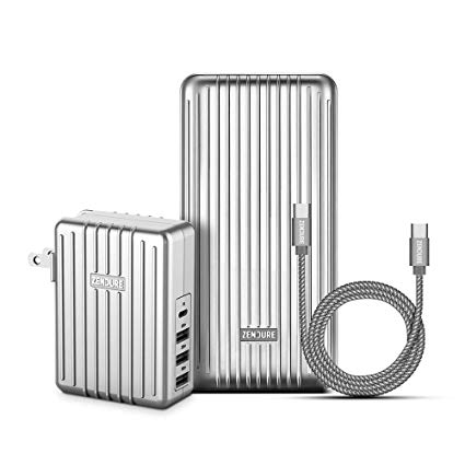 Zendure PD Power Bank 20000mAh Bundle - A6PD 20,100mAh USB-C 3A Portable Charger, 4-Port 45W Power Delivery Wall Charger and 20 inch USB C to C Cable for iPhone, Mac, OnePlus, Pixel and More - Silver