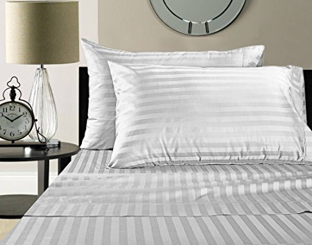 Addy Home Fashions  Egyptian Cotton 500 Thread Count Damask Stripe Sheet Set, Queen - White