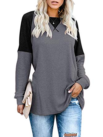 Sarin Mathews Womens Tops Fall Casual Long Sleeve Shirts Round Neck Loose Fit Color Block Tunic Tops Blouses