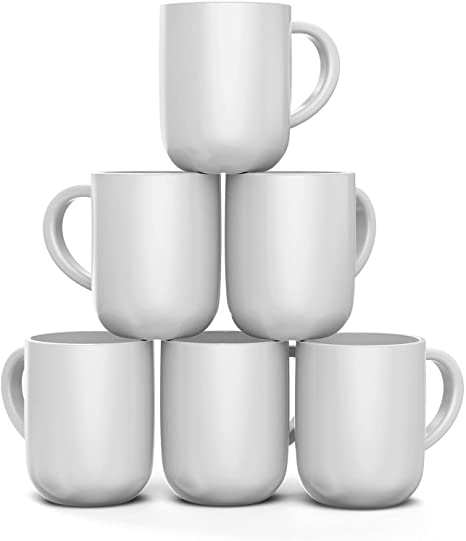 Francois et Mimi, Set of 6 Large 16 Ounce Ceramic Coffee Mugs (White)