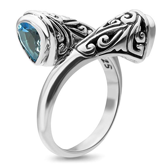 Chuvora 925 Sterling Silver Filigree Blue Topaz Stone Band Ring Women Jewelry Size 6, 7, 8