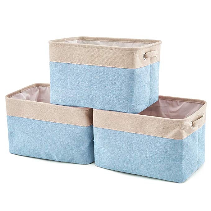 EZOWare Storage Bins Organizer, Set of 3 Foldable Collapsible Large Cube Fabric Linen Canvas Storage Baskets for Shelves Cubby Laundry Playroom Closet Clothes Shoe Baby Toy with Handles (Cream/Blue)