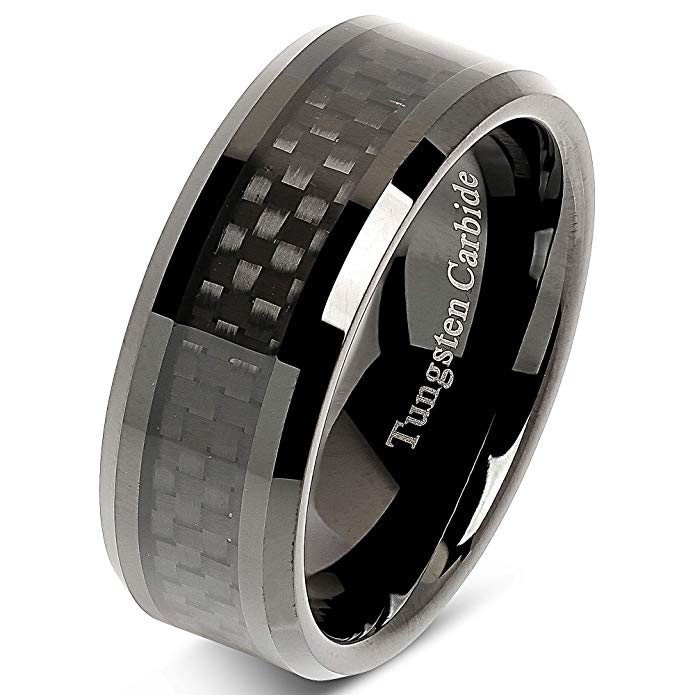 100S JEWELRY 8mm Tungsten Carbide Ring Carbon Fiber Inlay Black Plated Wedding Band Size 8-15