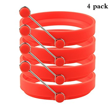 Robot Bee 4 Pack Non-stick Silicone Egg Ring, Kitchen Cooking Round Egg Pancake Rings Mold BPA Free-Red