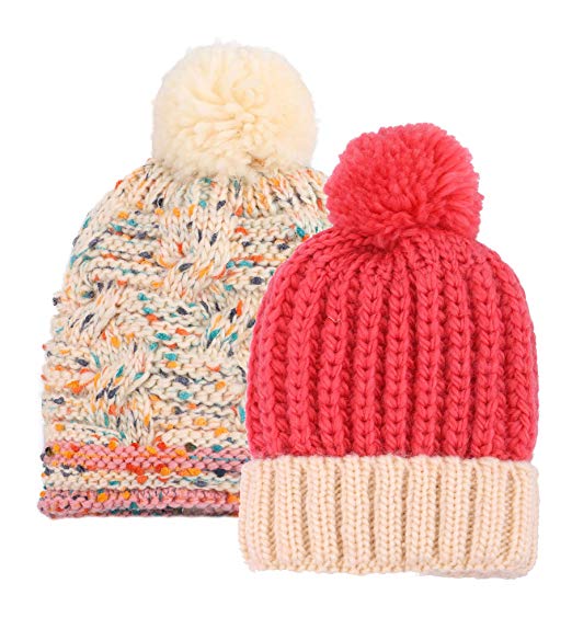 ARCTIC Paw Kids and Toddlers' Chunky Cable Knit Beanie with Yarn Pompom - Set of 2