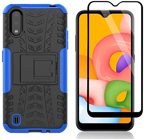 Yiakeng Samsung Galaxy A01 Case with Tempered Glass Screen Protector, Shockproof Silicone Protective with Kickstand Hard Phone Cover for Samsung Galaxy A01 (Blue)