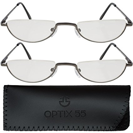 2 Men’s Half Frame Reading Glasses With Pouch - Comfortable Gunmetal Frame with Rubber Tip Temples - Pack of 2 Readers - By Optix 55