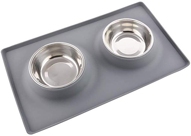 Guardians Dog Food Mat Stainless Steel Dog Bowls, 2 Medium Bowls (13.5oz Each), No Spill Non-Skid Silicone Mat Pet Feeder Bowl Small Animals