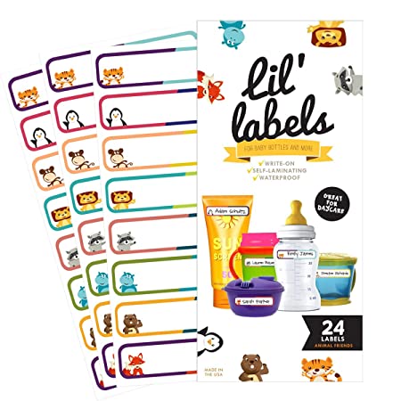 Bottle Labels, Write-On, Self-Laminating, Waterproof Kids Name Labels for Baby Bottles, Sippy Cup for Daycare School, Dishwasher Safe (Animal Friends), Made in The USA