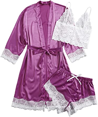 DIDK Women's Lace 3 Piece Satin Robe and Pajama Set with Robe Camisole Sleep Shorts