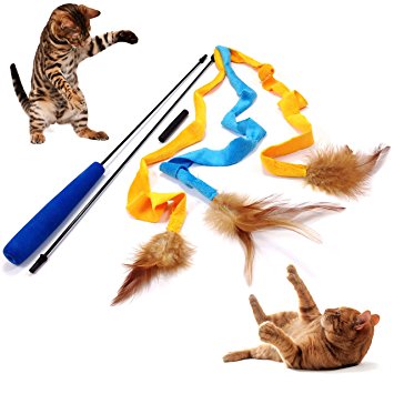 Pet Fit For Life 3 Soft Strands with Feathers Teaser and Exerciser For Cat and Kitten - Cat Toy Interactive Cat Wand