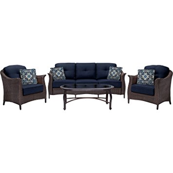 Hanover Outdoor Furniture Gramercy 4-Piece Wicker Patio Seating Set, Navy Blue