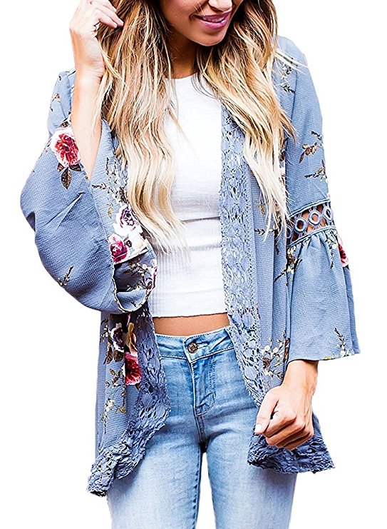 Floral Seasons Women Casual Spring Kimono Bell Sleeve Hollow Out Lace Short Cardigan