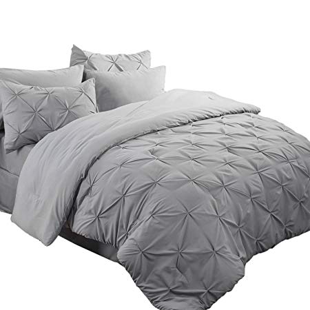 Bedsure 8 Piece Pinch Pleat Down Alternative Comforter Set Queen Size (88"X88") Solid Grey Bed in A Bag (Comforter, 2 Pillow Shams, Flat Sheet, Fitted Sheet, Bed Skirt, 2 Pillowcases)