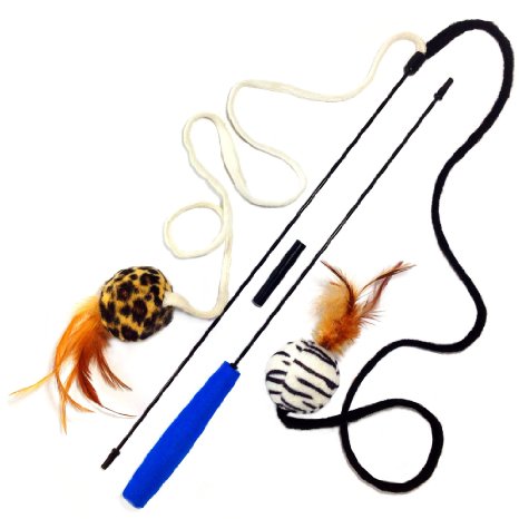 Pet Fit For Life 2 Ball Feather Teaser and Exerciser For Cat and Kitten - Cat Toy Interactive Cat Wand