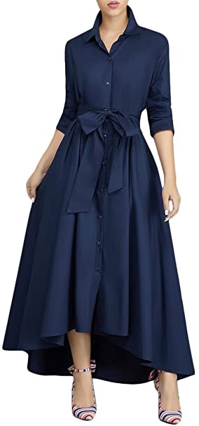 VERWIN Women Long Sleeve Loose Elegant Maxi Dress Button Down Up Shirt Long Dress with Pockets and Belts
