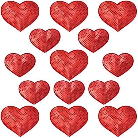14 Pcs Valentine's Day Shiny Heart Patch Iron on Applique Embroidered Glitter Patches for Clothing, 2 Size, Red