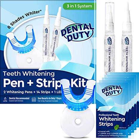 Dental Duty Teeth Whitening Kit - LED Professional Light For Whiter Teeth, 35% Carbamide Peroxide Gel, 14 Strips & 2 Whitening Pens - Effectively Whitens Tooth, Stain Remover For Bright White Smiles.