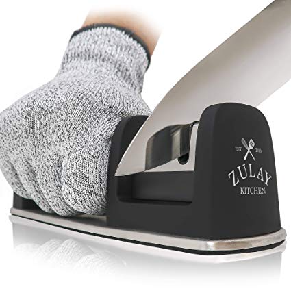 Zulay Kitchen Knife Sharpener & Cut-Resistant Glove | 2-Stage Knife Sharpening Tool Restores, Polishes and Helps Repair Blades, Dull Steel, Paring, Chefs and Pocket Knives | Stainless Steel & Tungsten