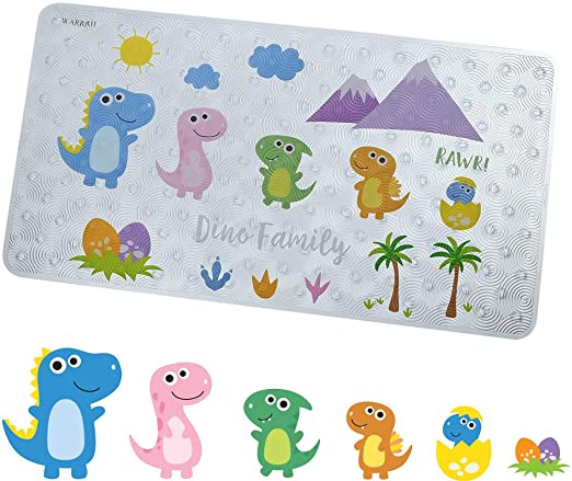 WARRAH Kids Bath Mats for Tub,Non Slip Bathtub Mat with Suction Cup for Shower,27.5" L x 15.7" W,Anti Slip Surface Cute Cartoon Dinosaurs Pattern for Children,Toddlers,Machine Washable FHD-06