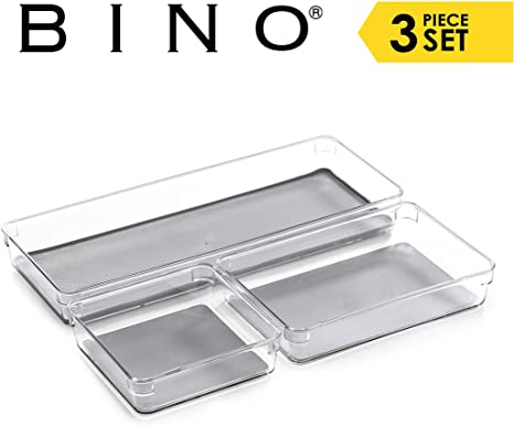 BINO 3-Tray Drawer Organizer Bin Pack - Clear, Large | Multi-Purpose Storage | Soft-Grip Lining and Non-Slip Rubber Feet | Durable | BPA-Free