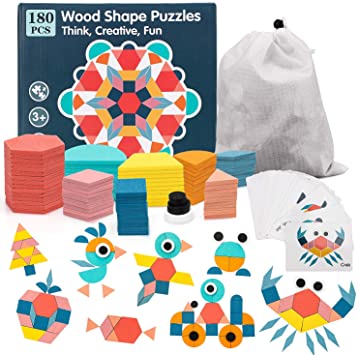 TOY Life 181Pcs Wooden Pattern Blocks for Kids Shape Puzzle Pattern Play Tangram Puzzles for Kids Ages 4-8 Geometric Shapes for Kids Preshool Kindergarten Montessori Toys with 24 Pcs Design Cards