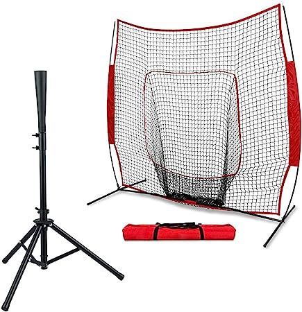 Baseball Practice Net with Batting Tee, FOME 7x7ft Softball Practice Net with Strike Zone Portable Travel Tee for Hitting Pitching Training Practicing with Carry Bag Great for All Skill Levels