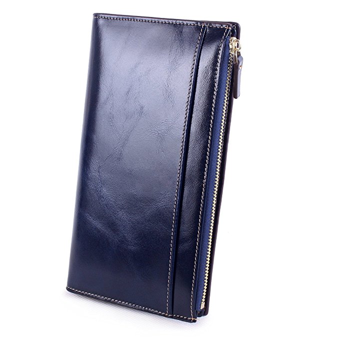 BEST DEAL-S-ZONE Women's Genuine Leather Trifold Long Wallet Card Case Slim Clutch Purse