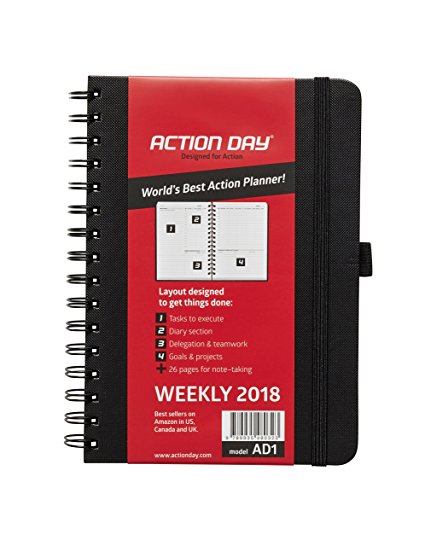 Action Day 2018 – World's Best Action Planner – Action Layout That Gets Things Done - Daily / Weekly / Monthly / Yearly Agenda, Calendar, Organizer & Goal Journal (6x8 / Wire-Bound / Black)