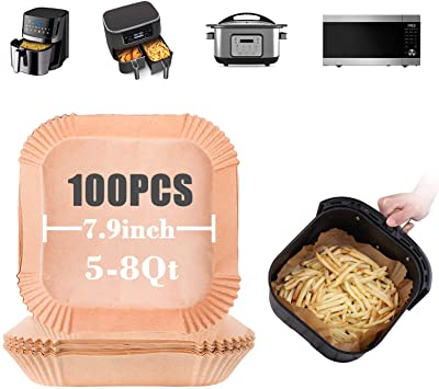 GOAUS Air Fryer Liners Square Disposable Paper Liner Large 100 Pcs for 5 to 8 Qt Basket, 7.9 inch Unbleached Non-stick Oil-proof Parchment Paper