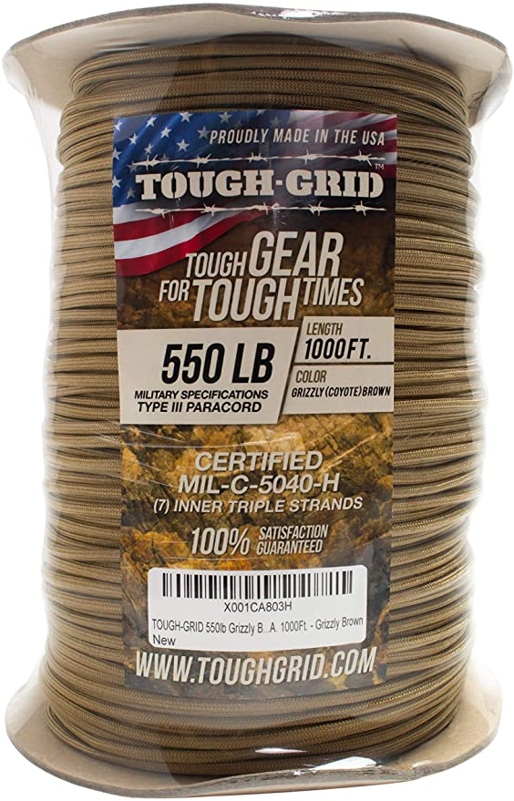 TOUGH-GRID 550lb Paracord/Parachute Cord - 100% Nylon Mil-Spec Type III Paracord Used by The US Military, Great for Bracelets and Lanyards