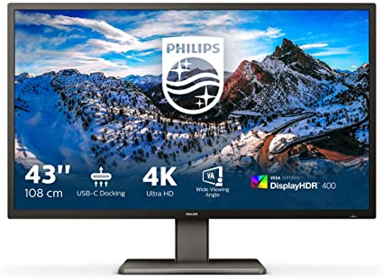 Philips 439P1 - 43 Inch 4K UHD Monitor, 60Hz, 4ms , VA, HDR 400, USB-C Docking, KVM, Speakers, Height Adjust, MultiView (3840 x 2160 @ 60 Hz, 450 cd/m² , HDMI/DP/USB-C)