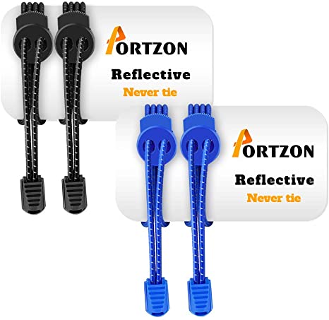 Portzon No Tie Shoelaces, Lock Shoe Laces, Elastic Reflective Shoe Laces for Kids and Adults, Lock Tie Running Shoe Laces for Sneakers, Boots Board Shoes and Casual Shoes, Black & Blue, 2 Pair