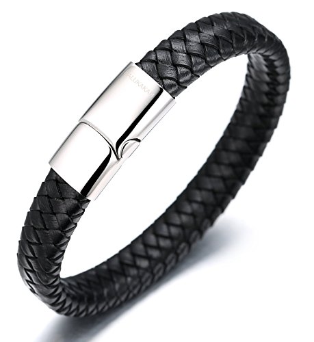 Halukakah "SOLO" Men's Genuine Leather Bracelet Classic Style Titanium Clasp with Magnets 8.46"(21.5cm) with FREE Giftbox