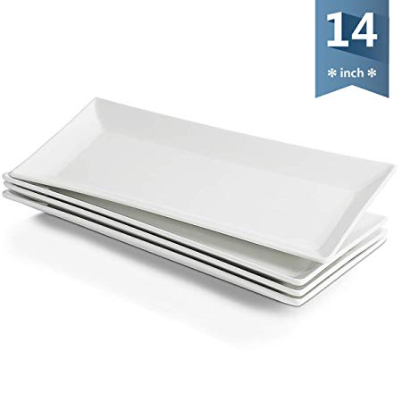 Sweese 3305 14-inch White Rectangular Plates/Serving Trays for Parties, Porcelain Dinner Plates - Set of 4