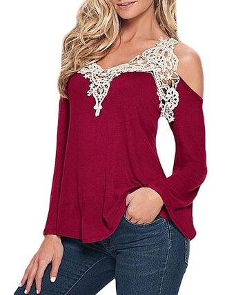 Harvest Womens Sexy Lace Cut Out Long Sleeve Off Shoulder Tops Shirt