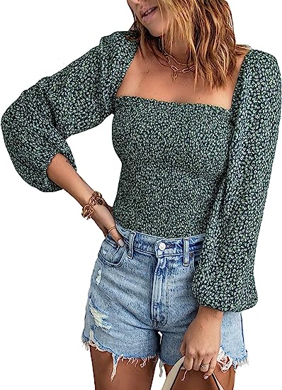 EVALESS Blouses for Women Puff Long Sleeve Square Neck Shirts Off The Shoulder Floral Ladies Tops and Blouses