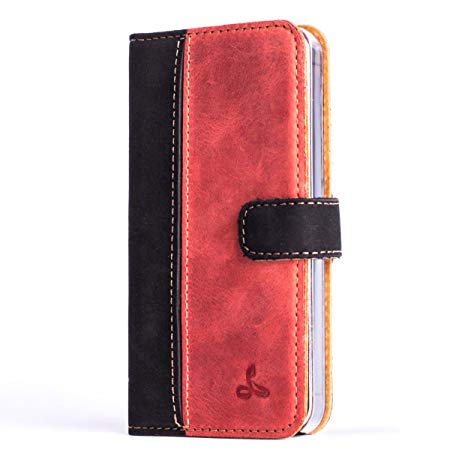 Snakehive iPhone SE / 5S / 5 Case, Genuine Leather Wallet with Card Slots, Flip Cover and Handmade in Europe for Apple iPhone SE / 5S / 5 - Black and Red