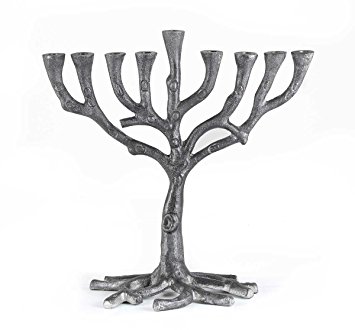 Zion Judaica Hanukkah Menorah Silver Tone Metal Tree of Life Style