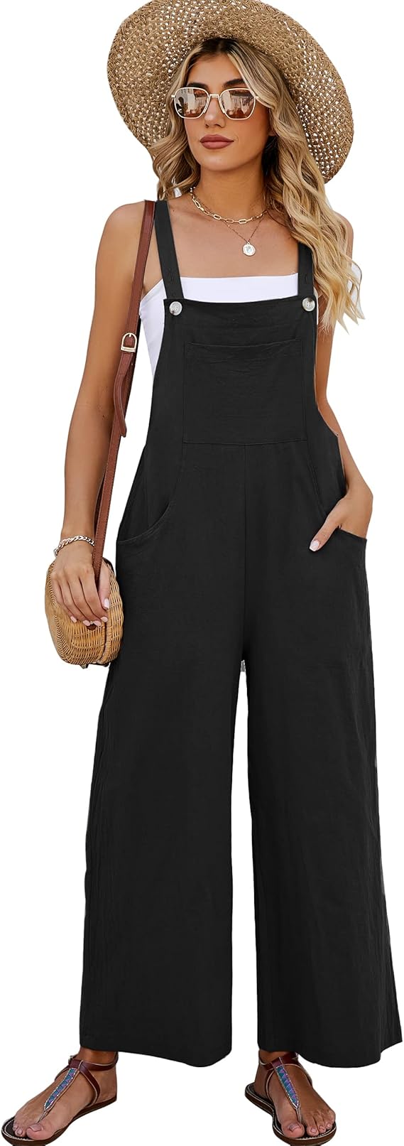 COZYPOIN Women's Cotton Bib Overalls Wide Leg Loose Fit Jumpsuit Baggy Fashion Sleeveless Rompers