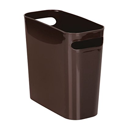 mDesign Slim Rectangular Small Trash Can Wastebasket, Garbage Container Bin with Handles for Bathrooms, Kitchens, Home Offices, Dorms, Kids Rooms — 10" high, Shatter-Resistant Plastic, Dark Brown