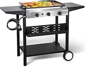 Hykolity 3 Burner Flat Top Gas Griddle with Ceramic Coated Iron Pan, 30,000 BTU Outdoor Propane BBQ Griddle, Stainless Steel Barbecue Gas Grill for Camping, Tailgating, Cooking