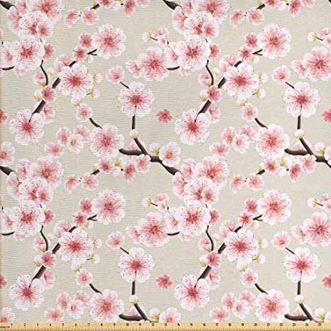 Ambesonne Asian Fabric by The Yard, Japanese Flowering Cherry Blossom Symbolic Coming of Spring Season Eastern Inspired, Decorative Fabric for Upholstery and Home Accents, 1 Yard, Beige Rose