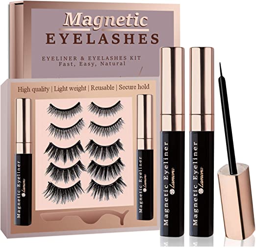 Magnetic Eyelashes and Eyeliner Set - Magnetic False Lashes Pack with Reusable Natural Magnetic Lashes - 5 Pairs Magnetic Fake Eyelashes Kit - Free Applicator, Mirror & Protective Gift Storage Box