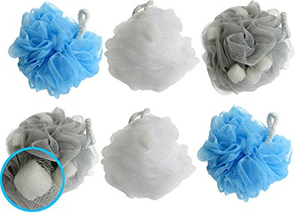Luxury Lather Loofah Bath Sponge (6 Pack / 70 Grams Each) Shower Pouf Luffa Exfoliating Mesh Bath Scrunchie with Mini Absorbent Sponges (Extra Large)