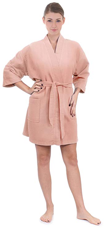 Women's Knee Length Waffle Weave Kimono Bathrobe, Short Spa Robes