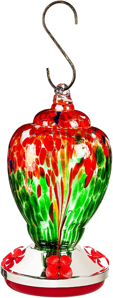 Evergreen Red and Green Speckle Glass Hummingbird Feeder, Finial Shape