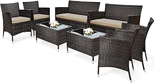 COSTWAY 8PCS Rattan Patio Furniture Set, Outdoor Wicker Rattan Chairs with Coffee Table, Rattan Cushioned Conversation Set for Backyard Balcony Porch Poolside, Brown