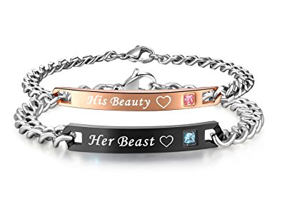 His or Hers Matching Set His Beauty Her Beast Titanium Stainless Steel Couple Bracelet in a Gift Box