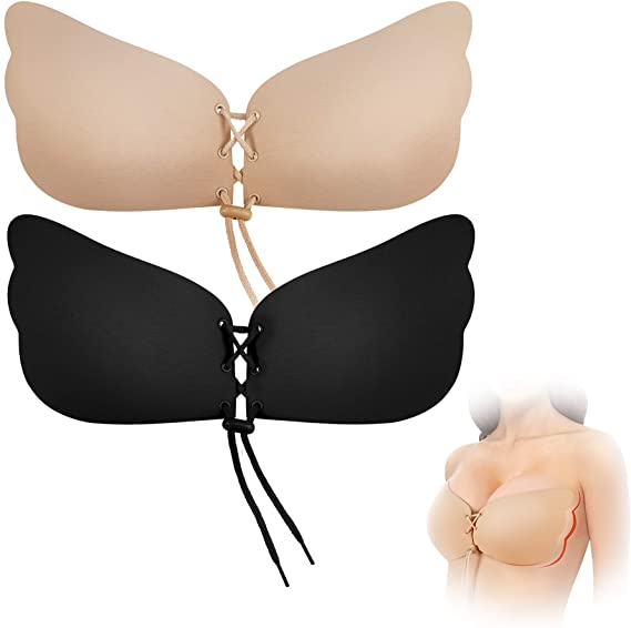 Bafully Invisible Adhesive Strapless Bra 2 Pack Sticky Push Up Silicone Bra with Drawstring for Women